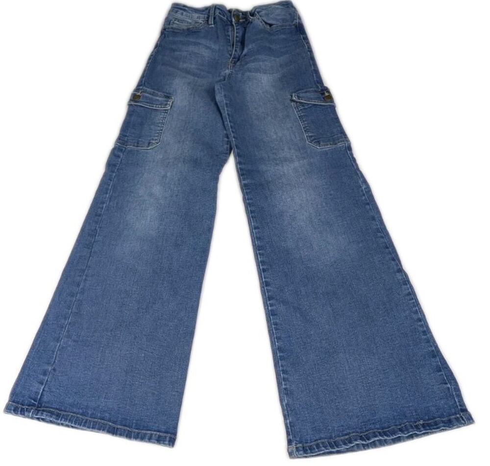 Fashion Nova Women's Size 7 Wide-Leg Cargo Pants Jeans 7 Pocket Blue Button Zip